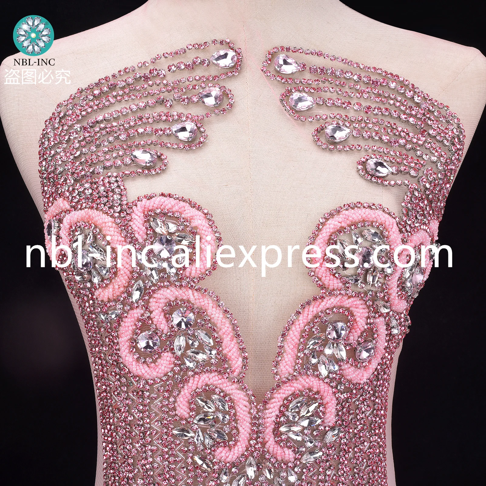 (1PC) Luxury hand-made crystal rhinestone bodice applique pink for wedding panel sew on hot sale WDD1359-PK