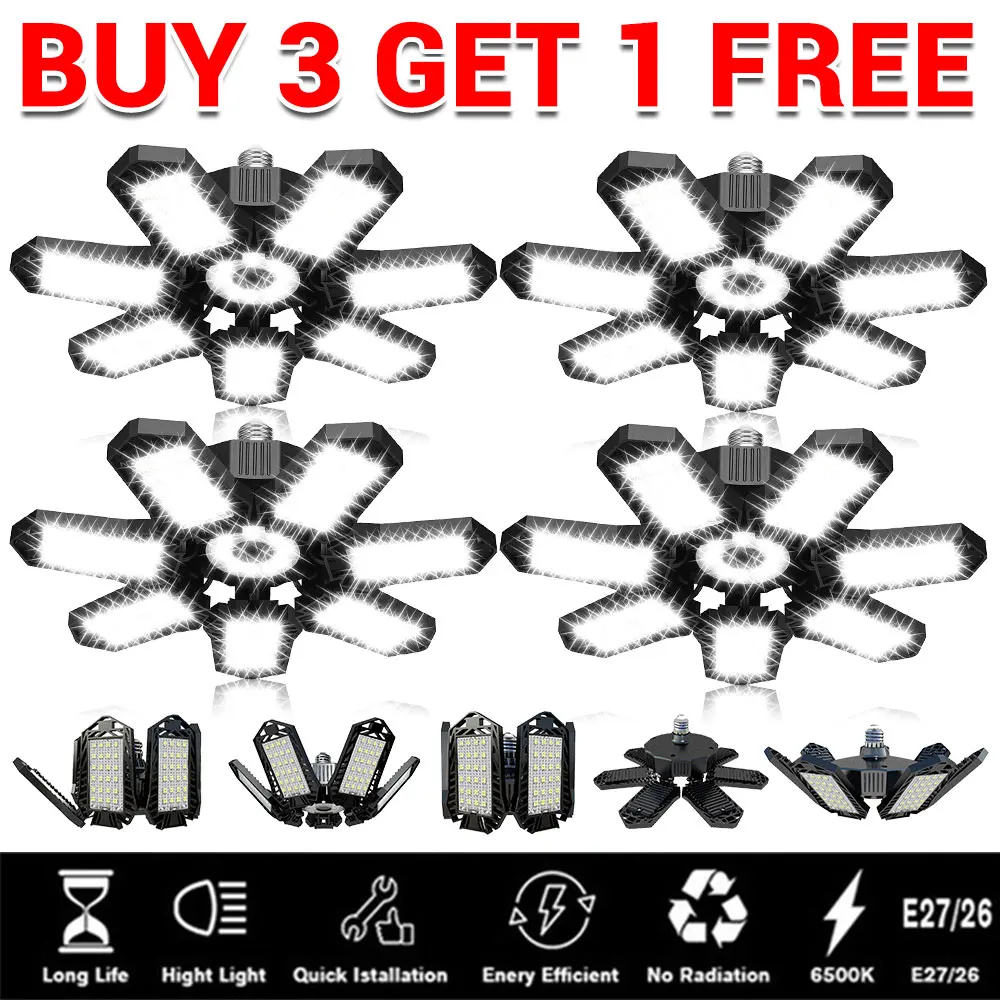 لمبة أضواء المرآب LED لإضاءة السقف القابلة للتشوه، 6500K Shop Light مع 7 + 1 لوحات قابلة للتعديل LED إضاءة المرآب شريط الطابق السفلي