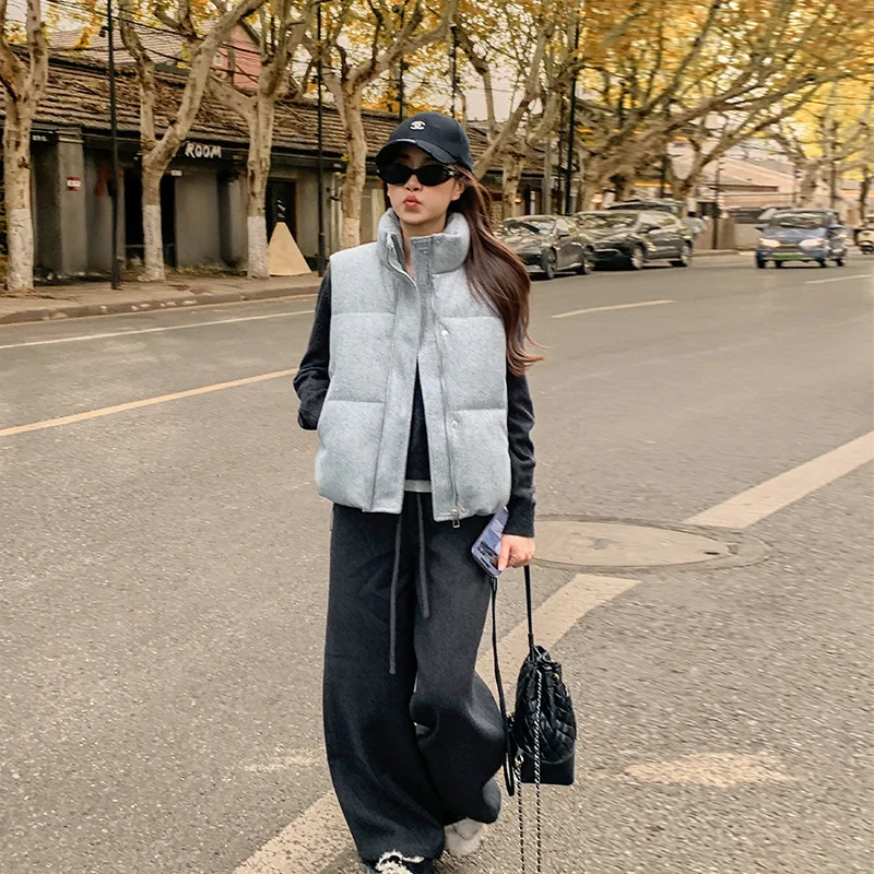 

New Autumn and Winter Grey Woolen Fabric with a High-end Feel Slimming and Thickening Down Cotton Jacket Fashionable Vest