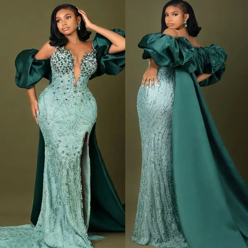 

Elegant Aso Ebi Mermaid Crystal Bead Party Evening Dress Sexy Deep V-neck Detachable Tail Formal Event Ball Dress Customized