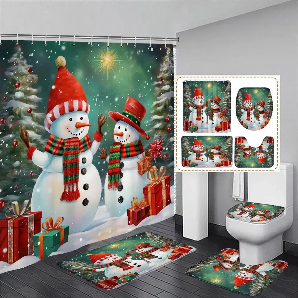 Cute Snowman Christmas Shower Curtain Set Silver Pine Branches Snowflake Xmas Balls Bathroom Decor Rug Bath Mat Toilet Lid Cover