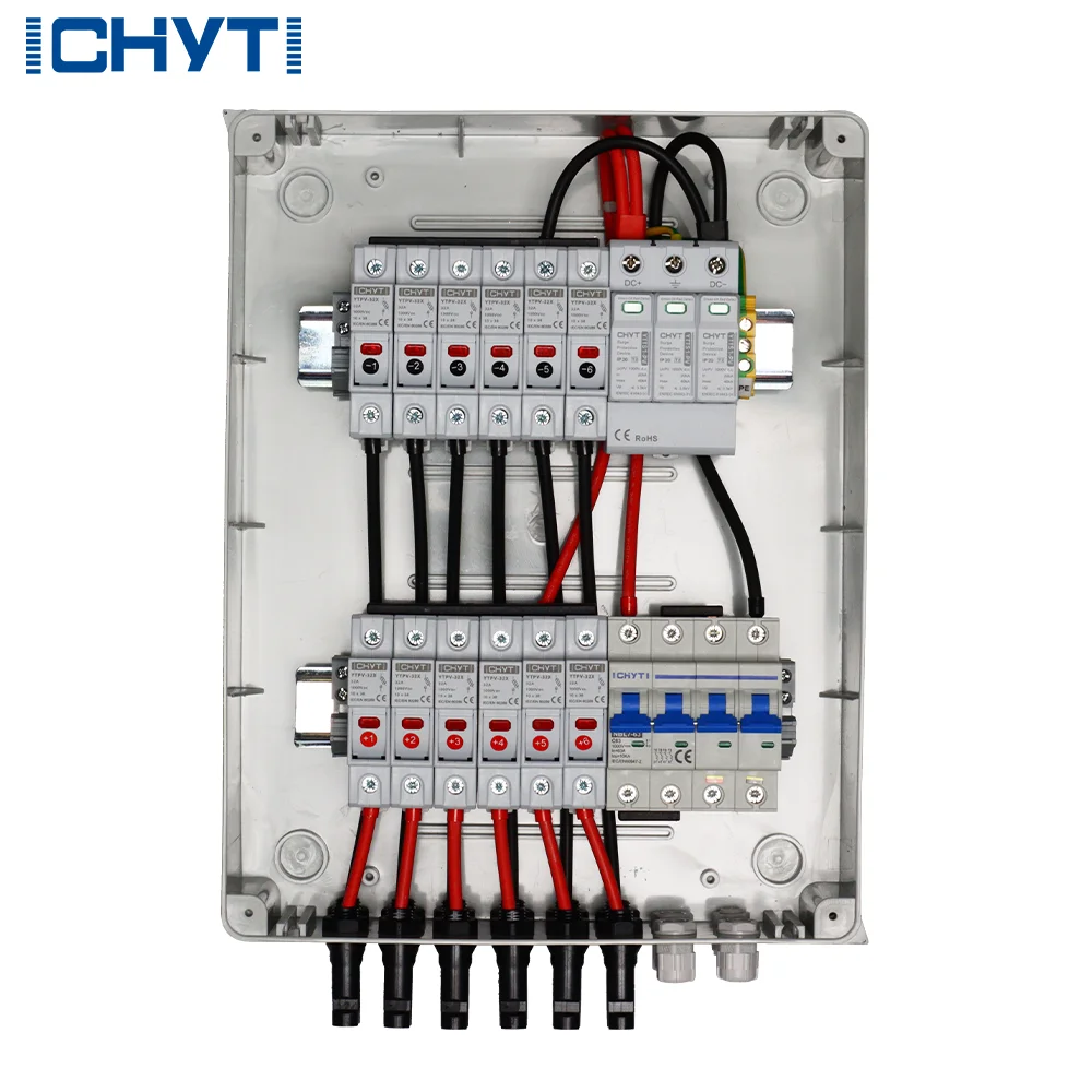 IP65 15A plastic DC solar connector with lock indicator, lightning surge protection, 6-string PV array, 6 in 1 out combiner box.