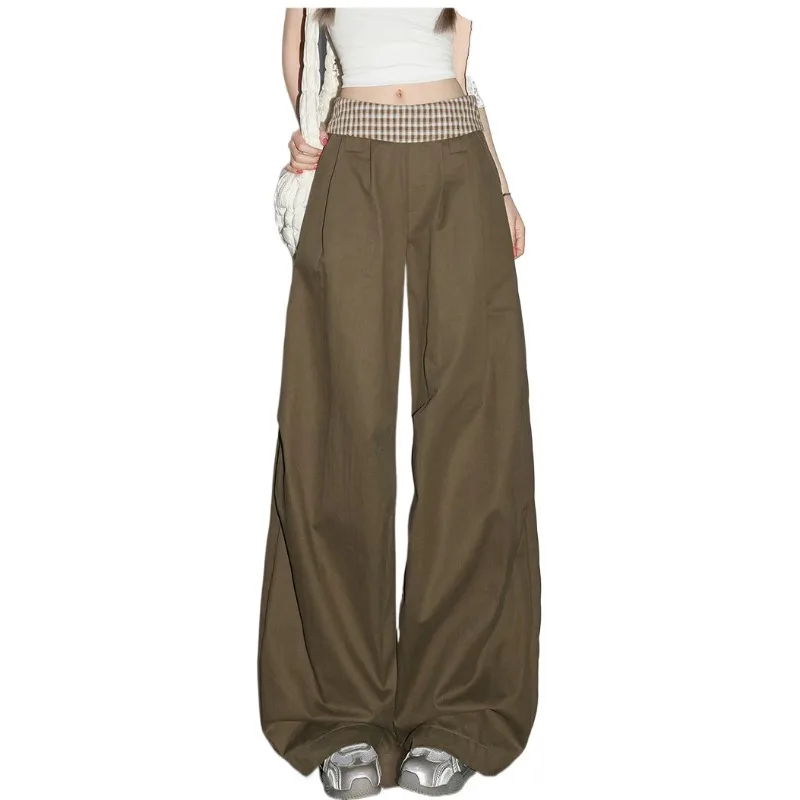 Unique Checkered Patchwork Army Green Pleated Wide-leg Casual Pants Women Retro High-waisted Laid-back Drooping Versatile Pants