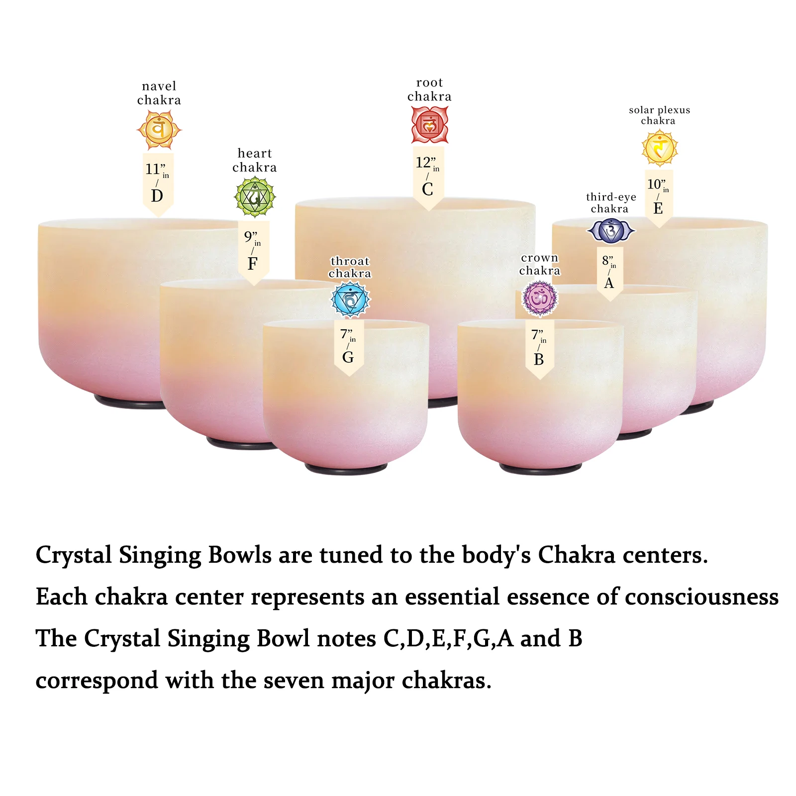 Hye-eun 7-12inch Pink Crystal Singing Bowl Set of 7pcs Colored Quartz Frosted Meditation Sound Bowls with Carry Case