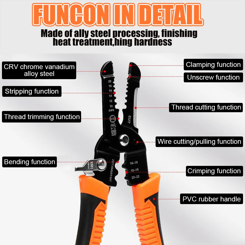 185 مللي متر تجريد العقص كماشة سلك متجرد متعدد الوظائف حلقة Crimpper كهربائي تقشير شبكة كابل المتعرية أدوات