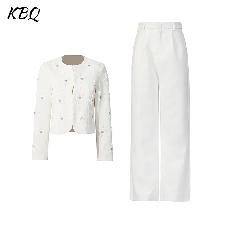 

KBQ однотонные элегантные комплекты из двух предметов для женщин, круглый вырез, длинные рукава, сращенный бисер, топ с высокой талией, свободные брюки, шикарный комплект, женский новый