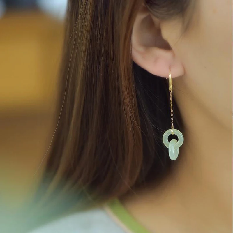 Creative new silver inlaid natural Hetian jade chain long Interlocking earrings for women elegant fresh light luxury jewelry