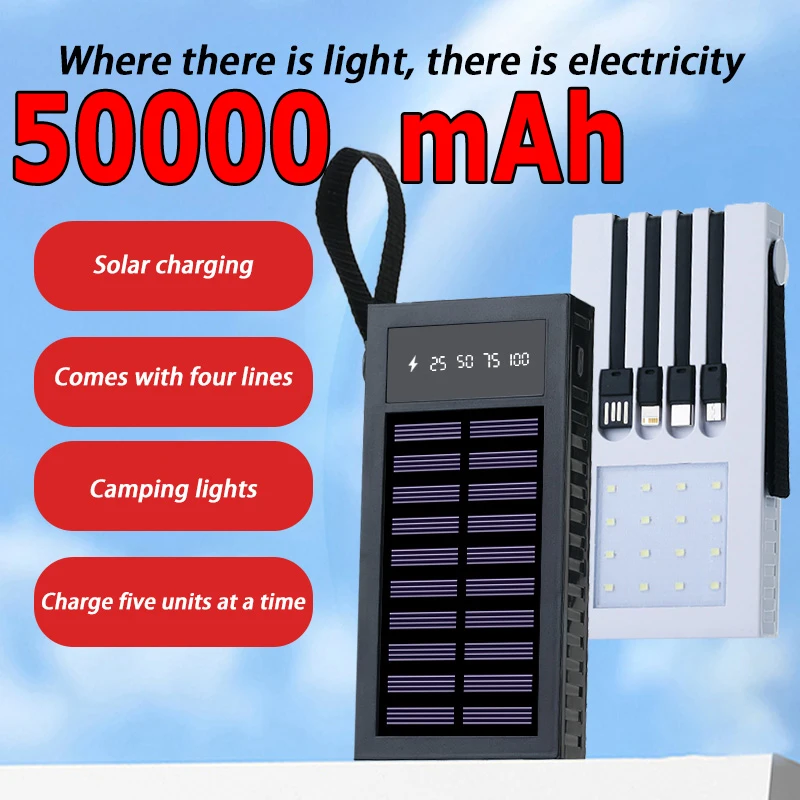 50000mah Solar Power Bank Comes With 4 Built-in Cables Solar Charger Port External Charger Power Bank Suitable For Iphone New