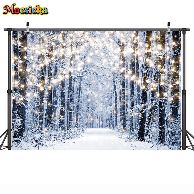 Magical Winter Landscape Photography Background Path Between Snowy Trees in Forest Glow Strip Lights Decor Backdrop Photo Studio