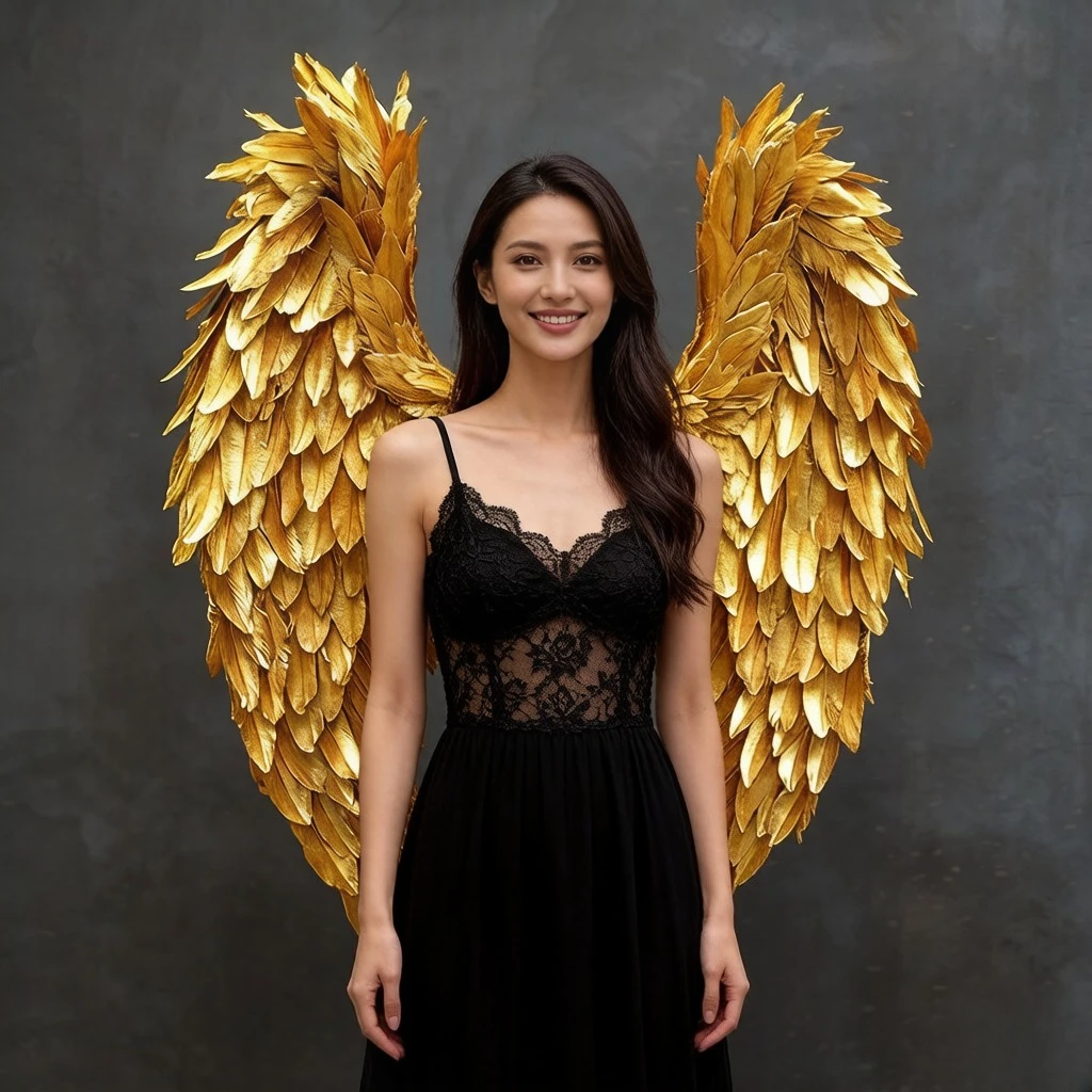 

Golden Angel Wings Costume From Feathers Photography Photoshoot Cosplay Costume Model Photo Festival Nightclub Decoration Party