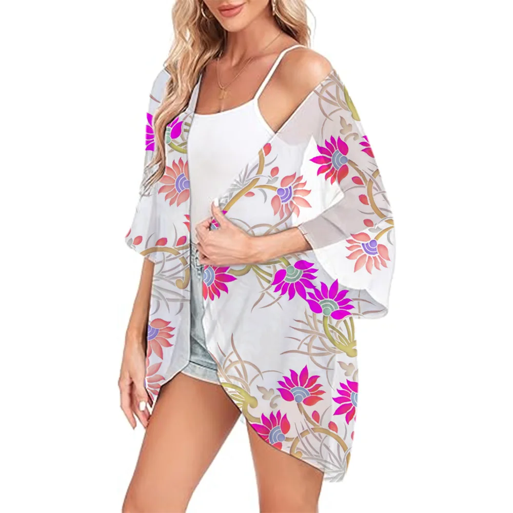 

Fashion 3d Flower Printed Kimono Chiffon Tops Bikini Cover Ups Kimono Shirts Beach Clothing Kimono Bathing Suit Swimwear Coat