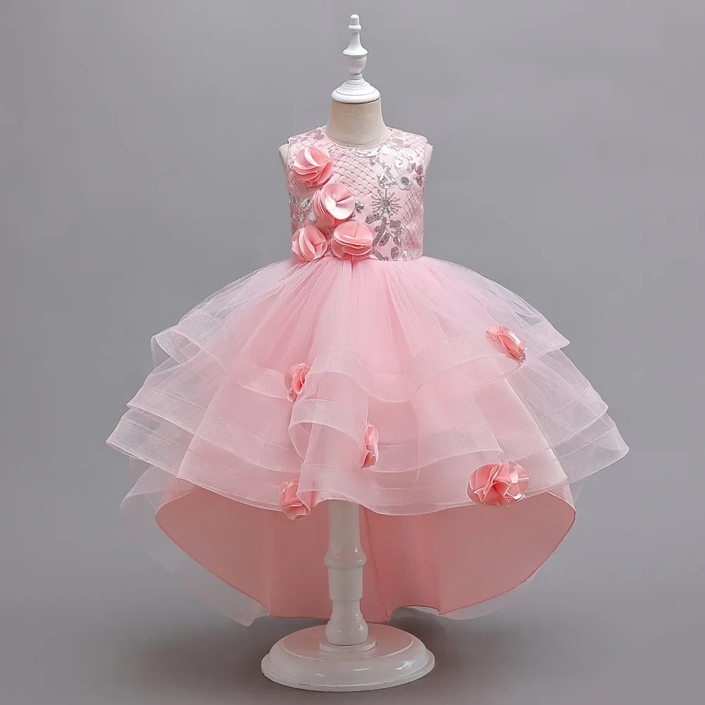 Long Tail Kids Elegant Dresses Girls Tulle Layered Sequins Wedding Fluffy First Communion Prom Gown Child Evening Party Costume