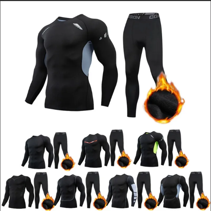 

2pcs Men's Compression Sportswear Suit GYM Tight Sports Running Sets Workout Jogging MMA Fitness Clothing Plush Tracksuit Pants