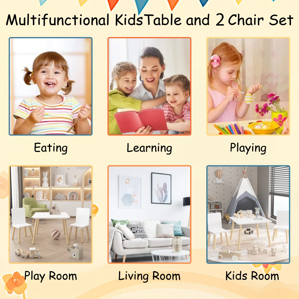 Orraves Kids Table and 2 Chairs Set, 3 Pieces Toddler Table and Chair Set, Wooden Activity Play Table Set (White) view 7