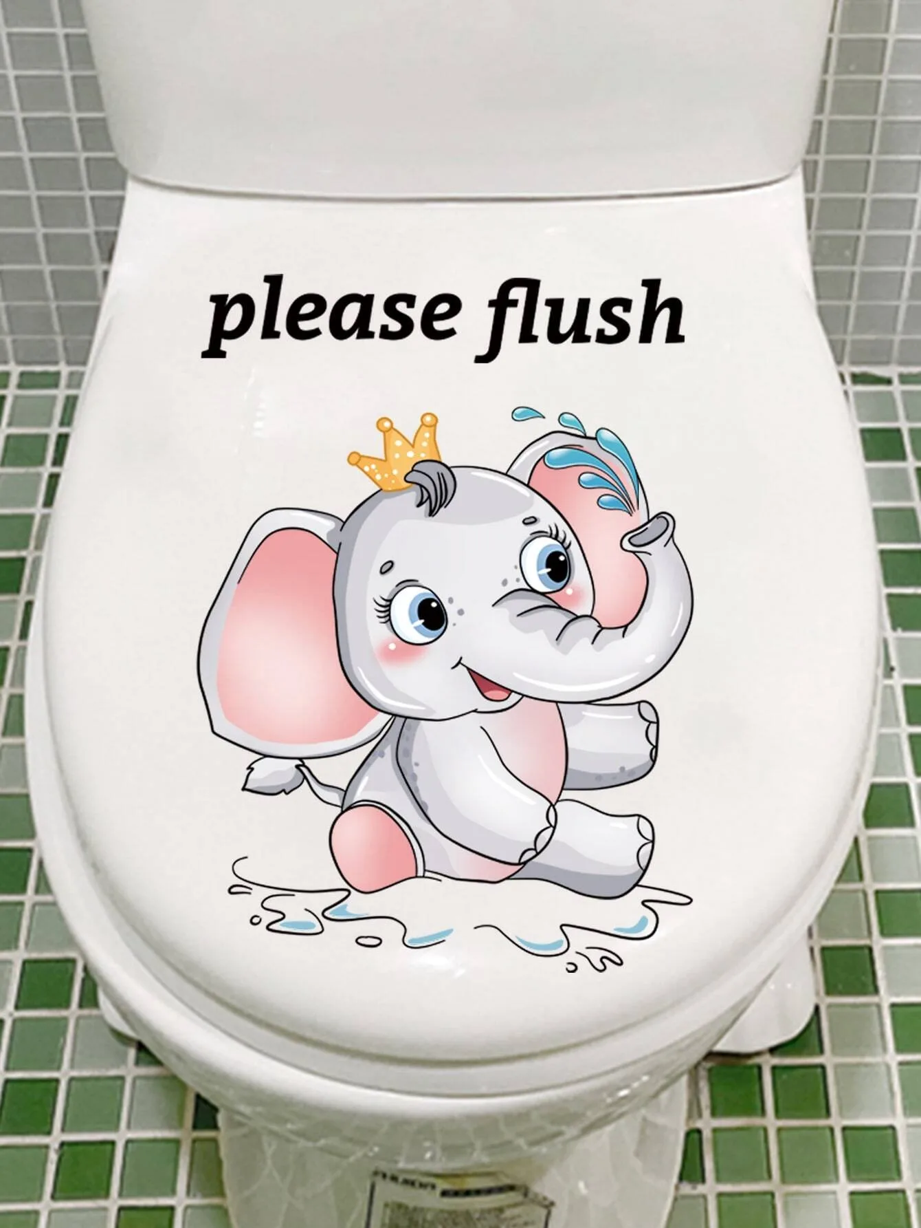Cute Cartoon Baby Elephant With Crown Toilet Lid Sticker Please Flush Reminder Waterproof Bathroom Decal WC Toilet Seat Decor