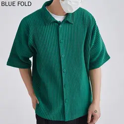 Miyake Pleated Shirt for Men, Short-Sleeved Cardigan, Thin Loose Casual Jacket, Youth Japanese Style Shirts, PLEATS, Summer