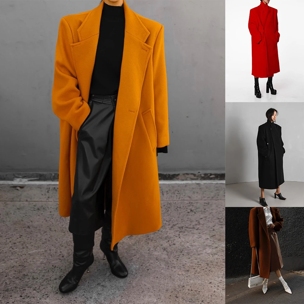 Bright Orange Vintage Women Winter Loose Blend Wool Coat Tops Elegant Long Cardigan Jackets Long Sleeve Outwears