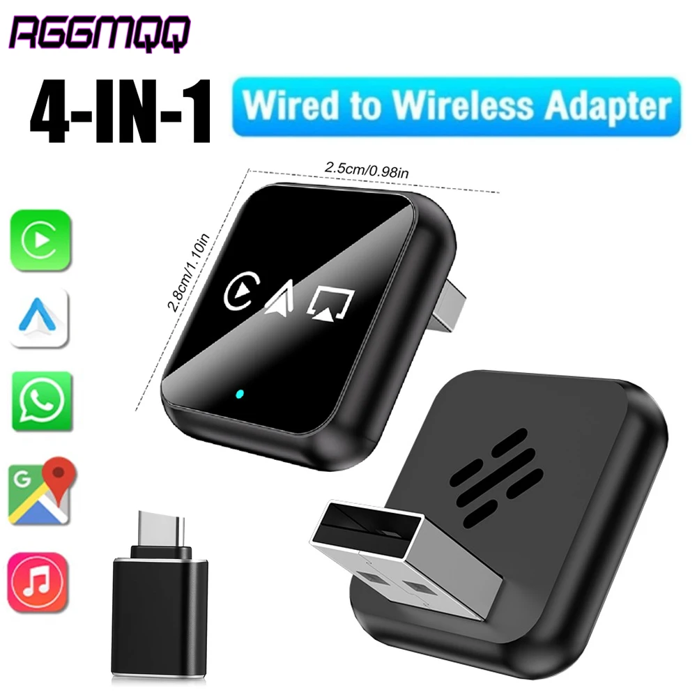 4 in 1 Wireless CarPlay Adapter, AirPlay & Miracast Screen Mirroring, Bluetooth 5.0 USB-C Plug & Play for iPhone Android Auto