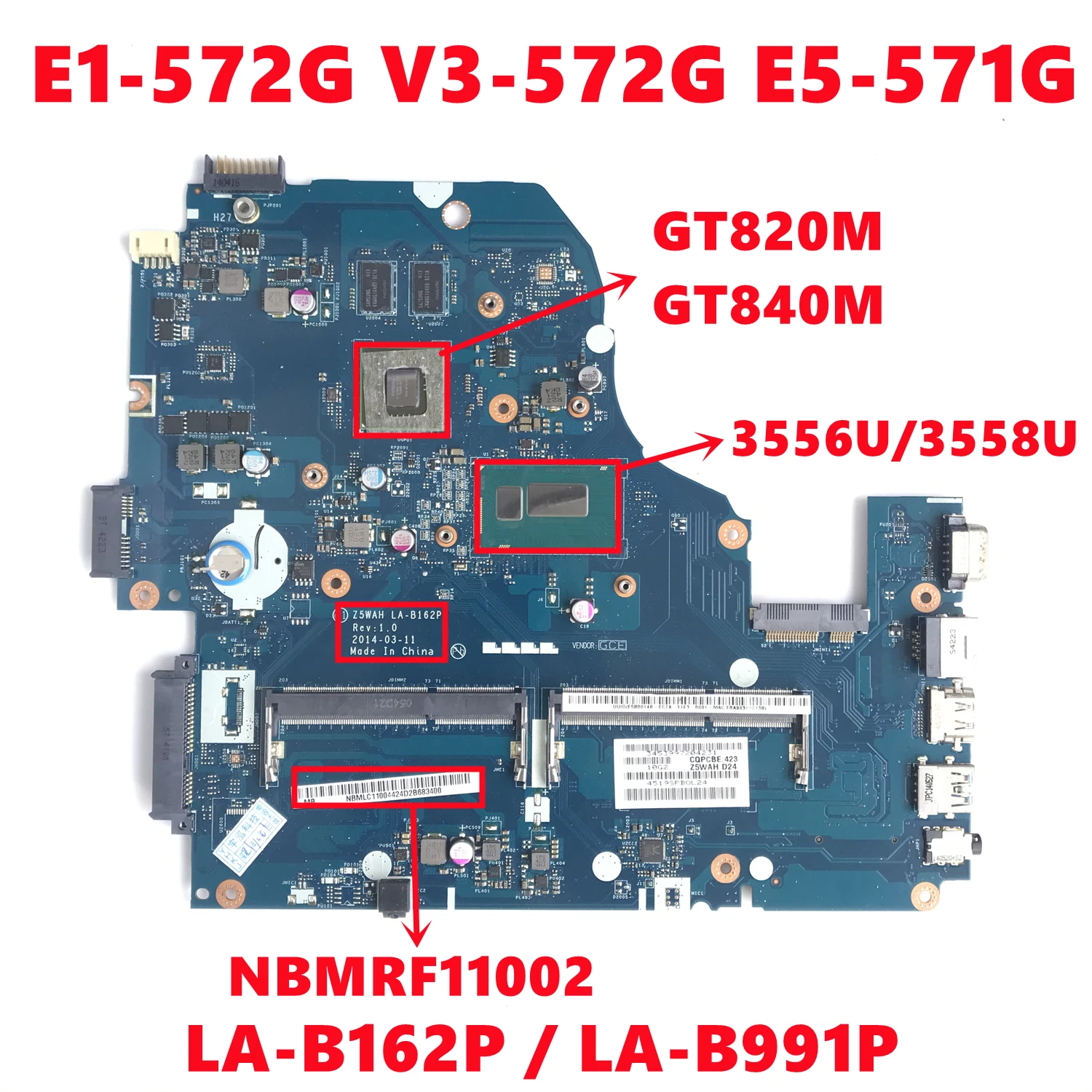 NBMM111004 Para Acer ASPIRE E1-572G V3-572G E5-571G Laptop Motherboard LA-B162P LA-B991P Com 3556U/3558U GT820M/GT840M 100% Teste