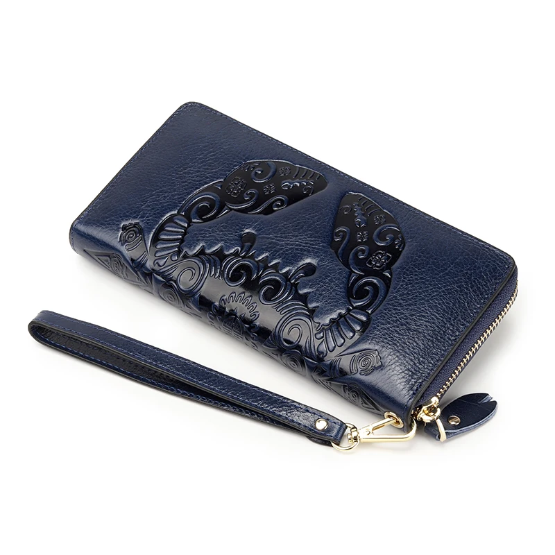 High Quality Genuine Cow Leather Women Long Wallets Crab Embossed Green/Blue/Black Money Collect Card Holder Wallets Clutches