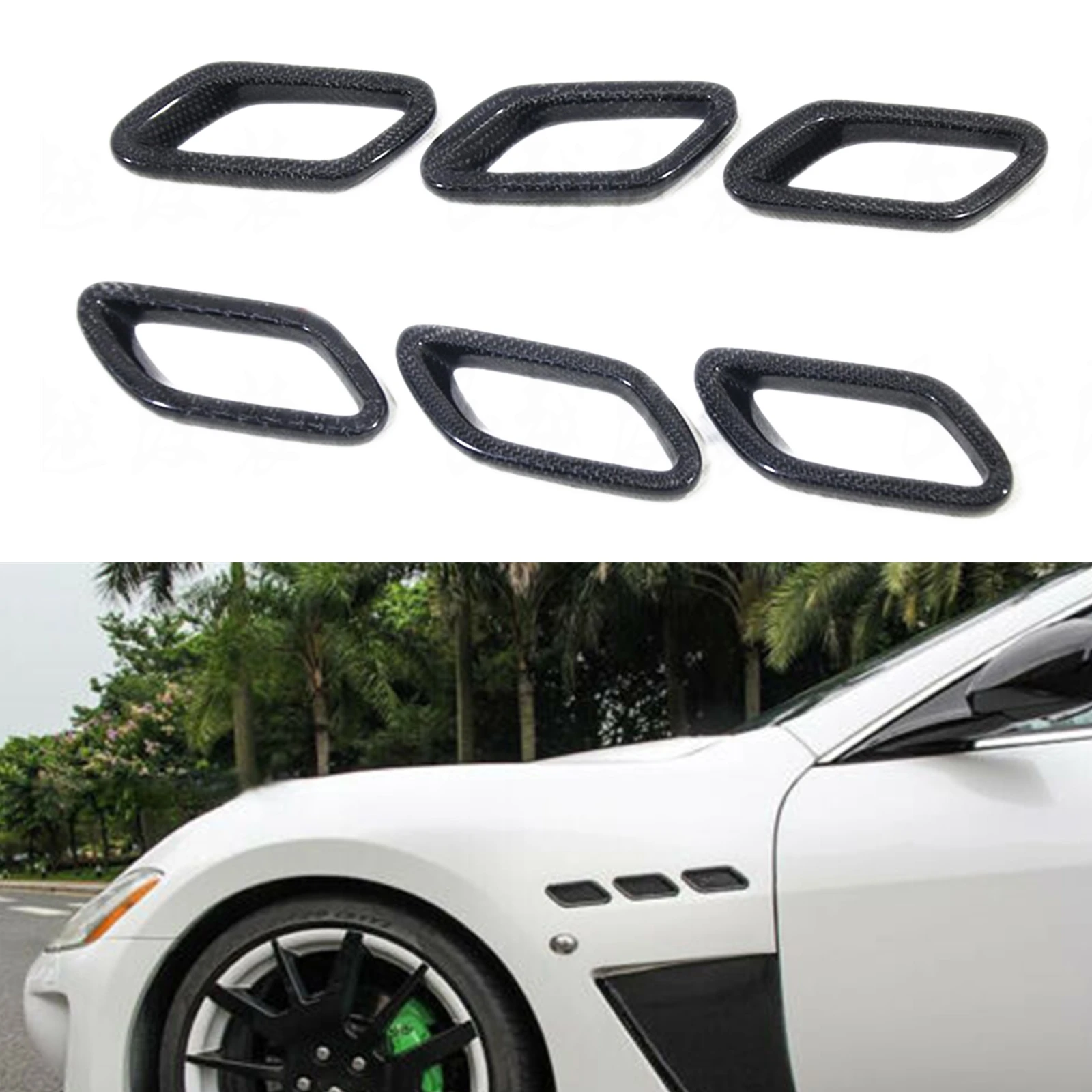 

6pc Car Wheel Fender Side Air Outlet Vent Trim Real Carbon Fiber Intake Hood Frame Cover Bezel Sticker For Maserati GC 2007-2017