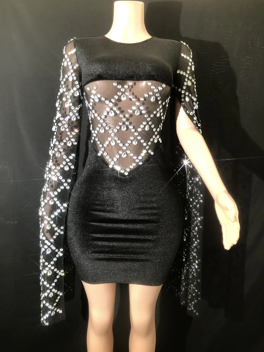 

Sparkly Rhinestones Black Velvet Short Dress Sexy Mesh Transparent Evening Prom Celebrate Birthday Dress Party Outfit Stage Wear