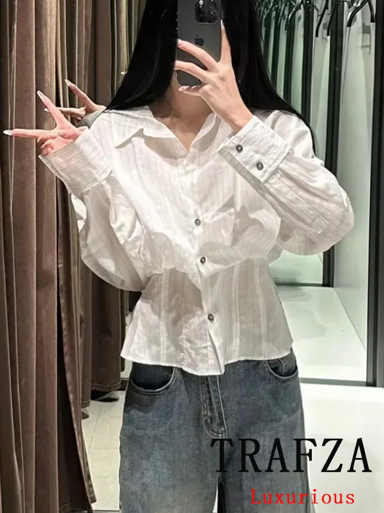 TRAFZA Vintage Casual Women Blouse Solid  Long Sleeve Turn-down Collar Single Breasted  Blouse Fashion 2024 Summer Office Shirts