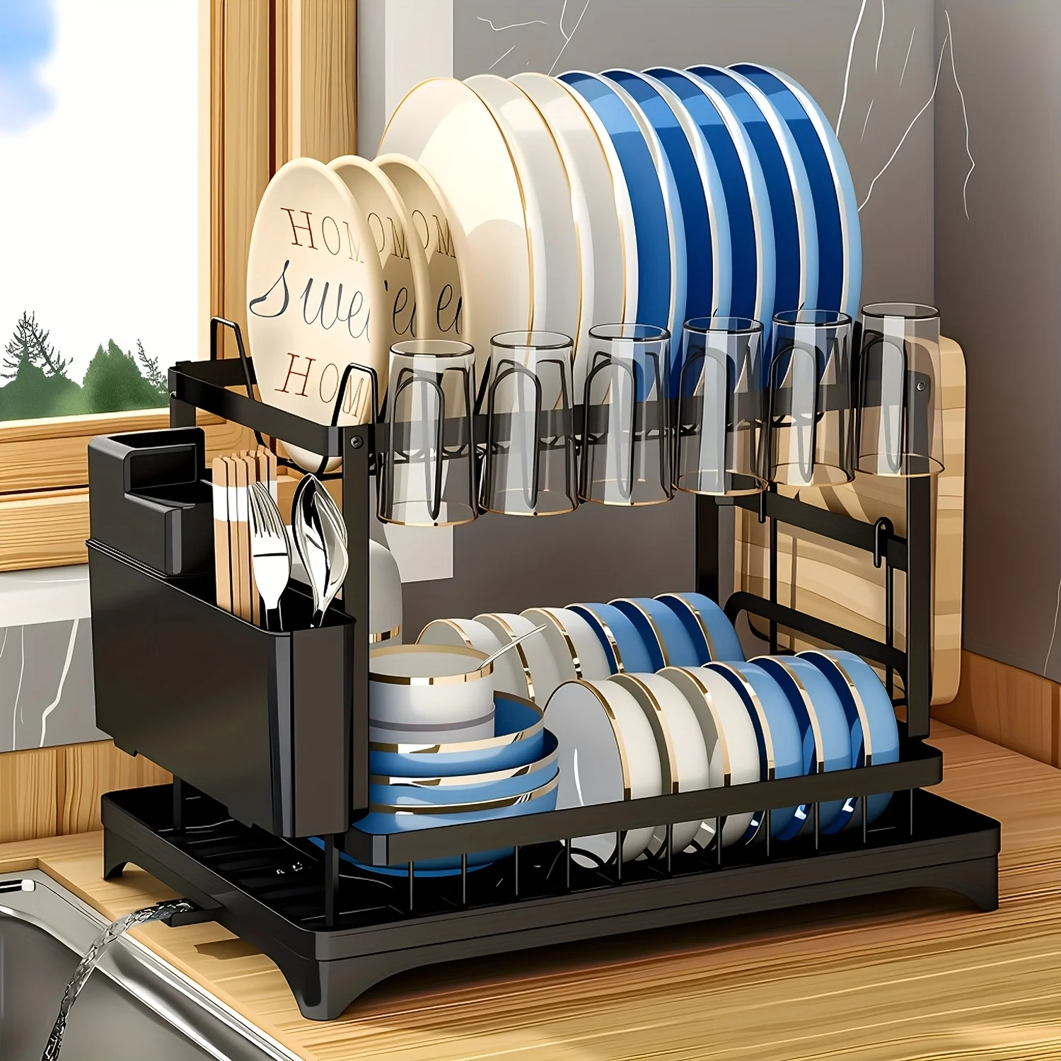 

Double Layer Dish Rack with Drain Tray & Utensil Holder - Heavy Duty Metal Space Saving Kitchen Drying Rack, Rust Resistant