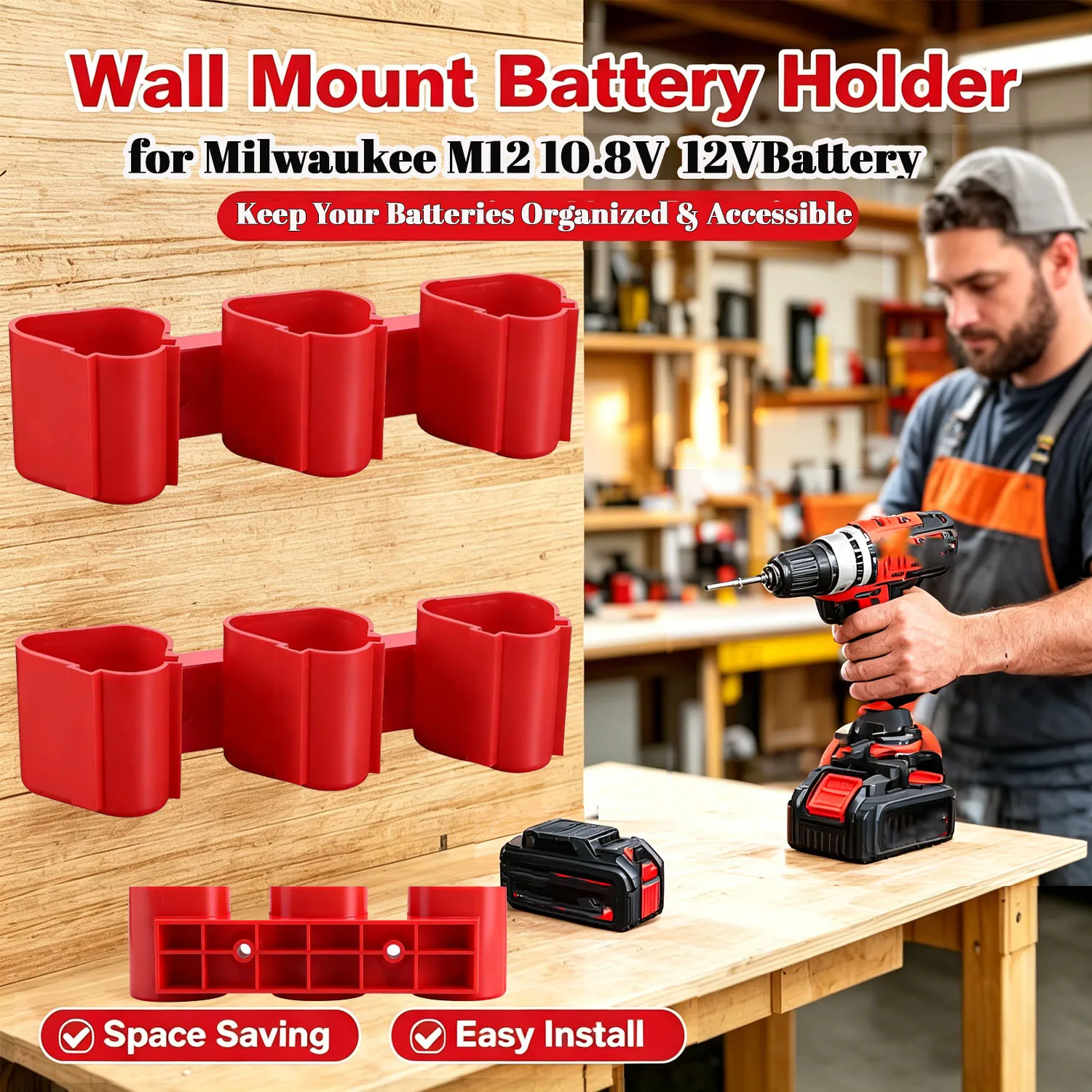 Wall Mount ABS Battery Storage Holder Fit for Milwaukee 10.8V 12V Power Tool Battery Rack