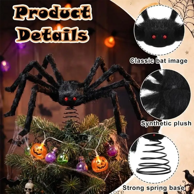 Halloween-Baumkronen-Ornament mit Spinnenfigur, Federsockel und saisonalem Akzent für die Fensterdekoration zu Hause, Party – Detail 4