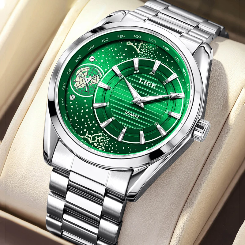 Lige nova terra verde painel dial relógio masculino à prova dwaterproof água luxo luminoso relógio de pulso quartzo cronógrafo relogio masculino + caixa