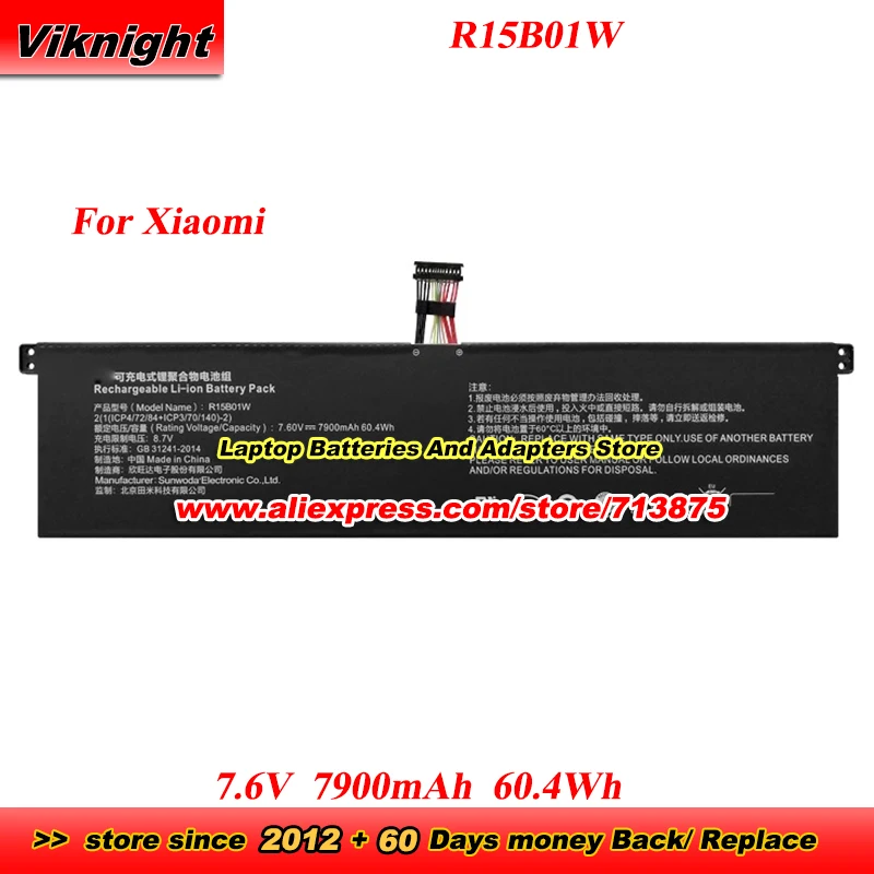 

New R15B01W Battery for Xiaomi Pro 15.6" GTX TM1701 171501-AQ/AL/AF Series Notebook 7.6V 7900mAh 60.4Wh
