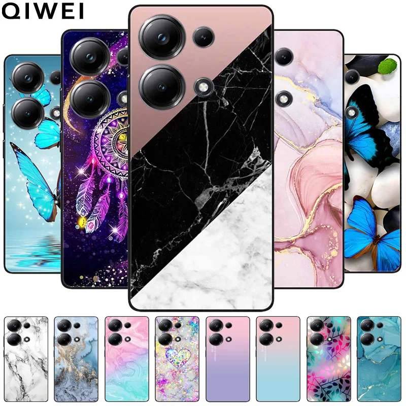 For Poco M6 Pro 4G Case Fashion Marble Silicon Black Soft Bumper for Xiaomi Poco M6Pro 4G Phone Cases M 6 Pro Cartoon TPU Shells