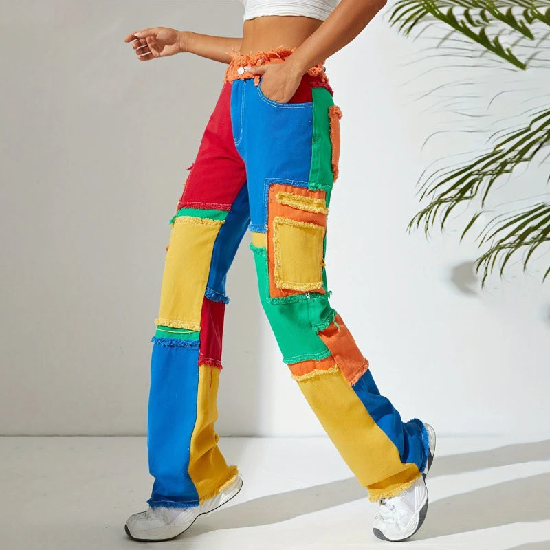 Personalized American Colorful Street Pants Spliced With Instagram Edge High Waist Loose Straight Denim Pants For Women