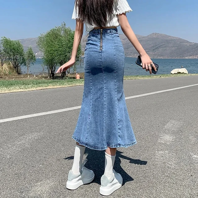 High Waist Ruffles Long Mermaid Denim Skirt Women s Korean Fashion Sexy Bodycon Tight Maxi Flare Skirt Blue Jeans Trumpet Skirts AliExpress