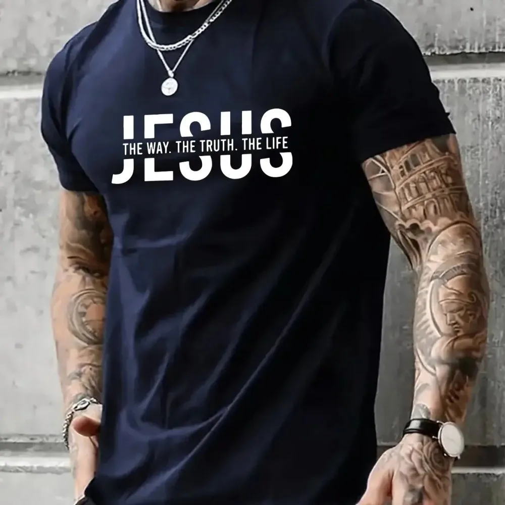 Summer men's polyester fiber casual loose round neck T-shirt Jesus Way Truth Life letter printed outdoor sports top