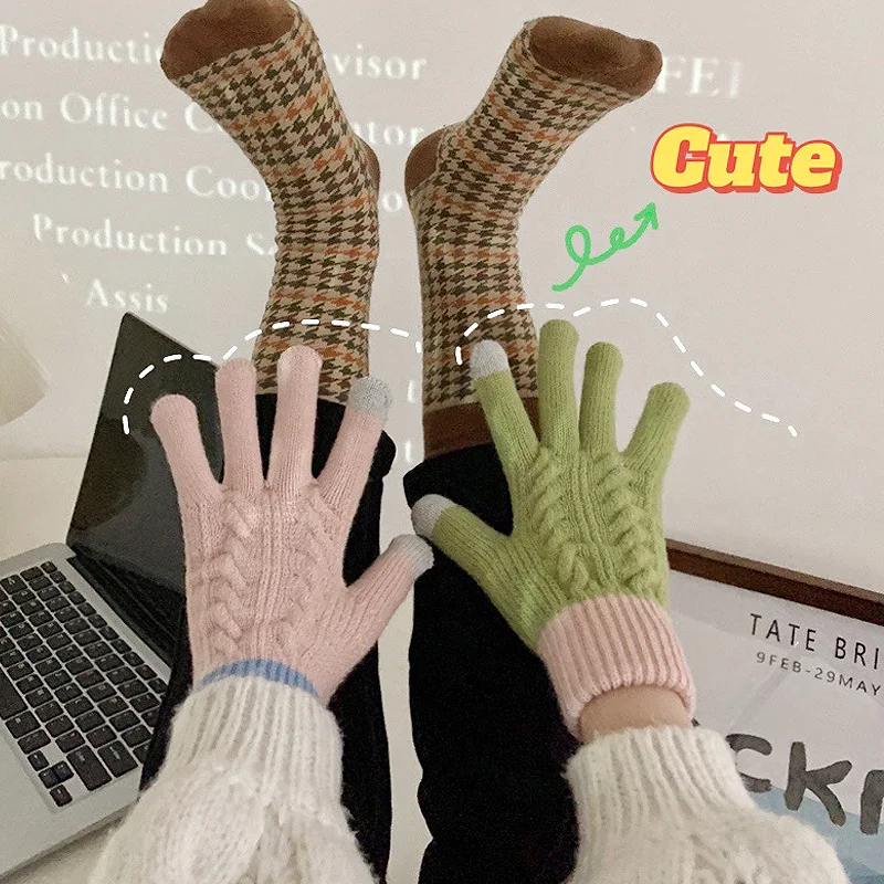 Unisex Wool Knitted Gloves Color Block Winter Women Cute Touch Screen Gloves Outdoor Men Riding Hiking Cold Full Finger Gloves