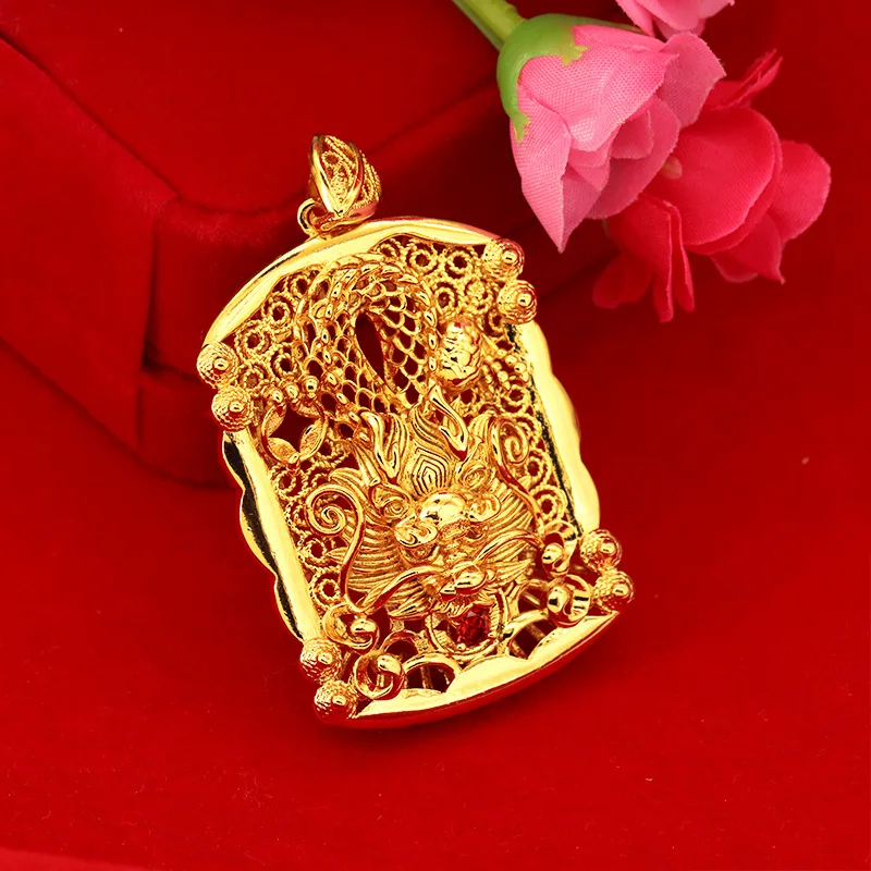 Luxury 24k Gold Color Embossed Dragon Hollow Pendant for Women Men Female Pendants Engagement Birthday Fine Jewelry Not Fade