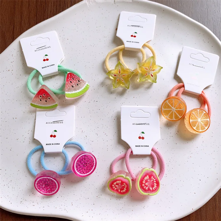 Fruit Hair Ties 2 Pack Lemon Watermelon Cute Elastic Soft Gentle for Girls Kids Daily Party School Wear Premium Durable Quality