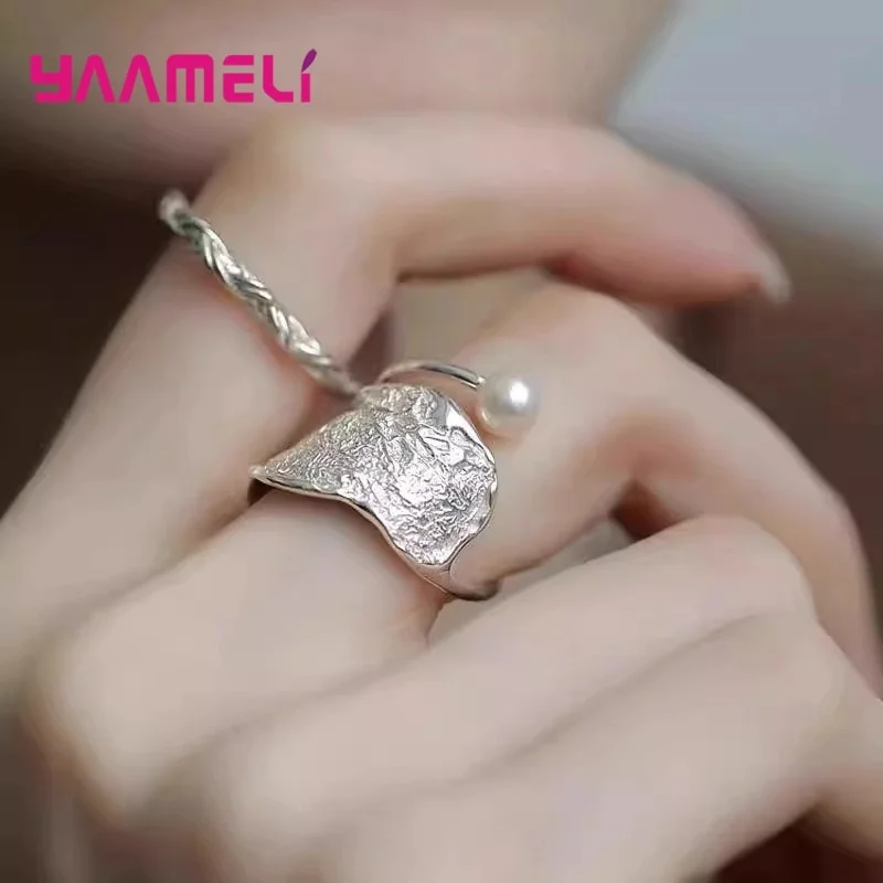 New Punk 925 Sterling Silver Fashion Design Rings Set for Women Handmade Pearl Female Jewelry Gift Party Accessory