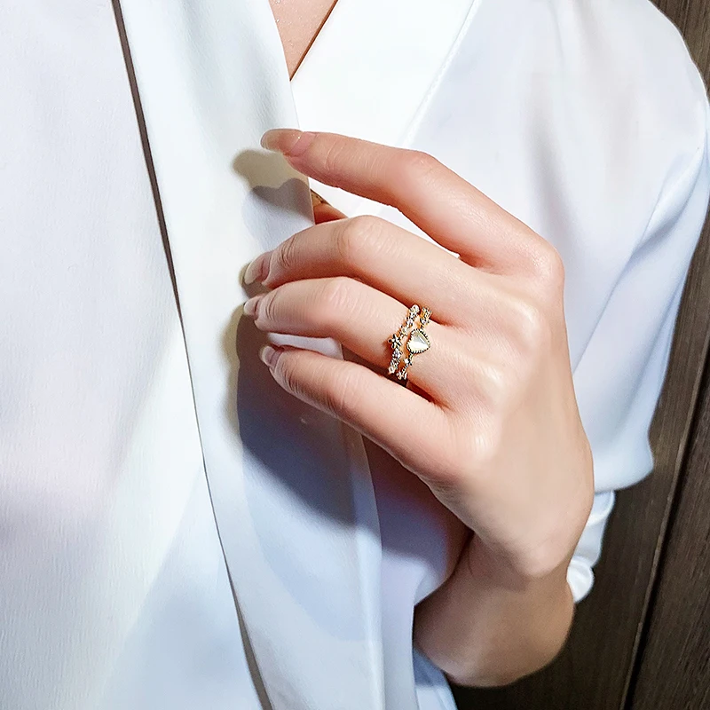 Nueva joyería de moda coreana, anillo de cristal de doble amor simple chapado en oro de 14K, accesorios elegantes para anillo de apertura diaria para mujer