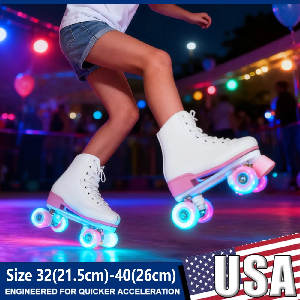 

Women Double-Row 4 Wheels Skate Shoes Size 32-36 37 38 39 40 Flashing Roller Skates Beginner Outdoor Skating Girls Quad Sneakers