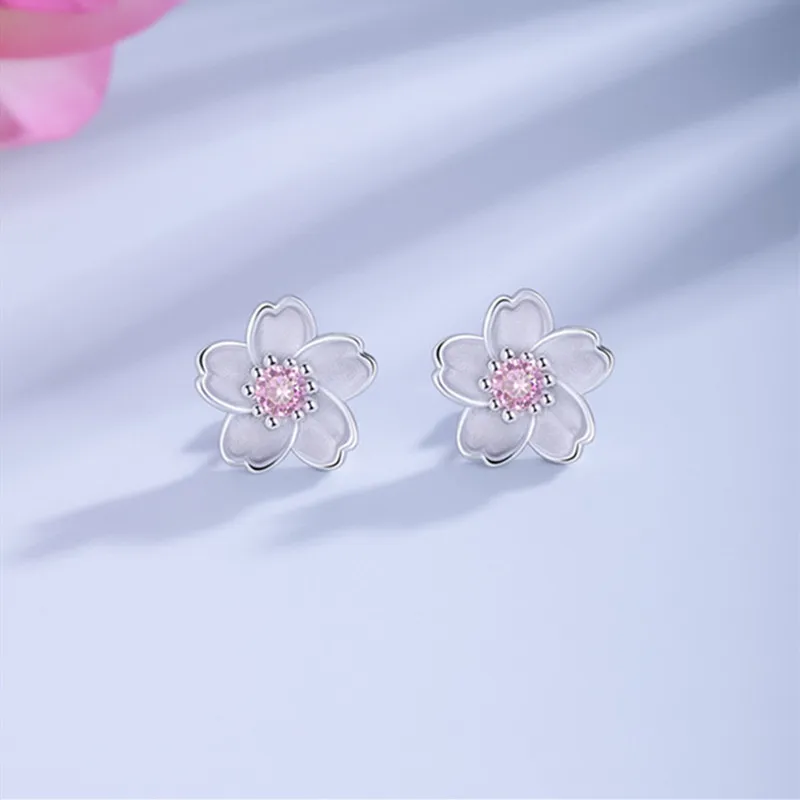 925 Jewelry Sterling Silver Earrings Cherry Blossom Inlaid Pink Zircon Ear Studs Simple and Popular Earrings for Women