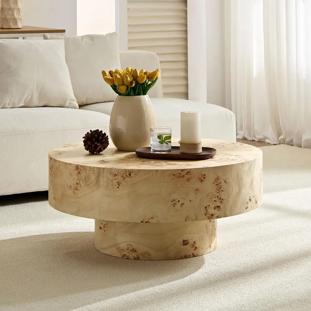 

Burl Wood Veneer Pedestal Coffee Table, 31.49 Round, Natural Wood Drum Style Center or Living Room Accent Side Table, 13.77 H