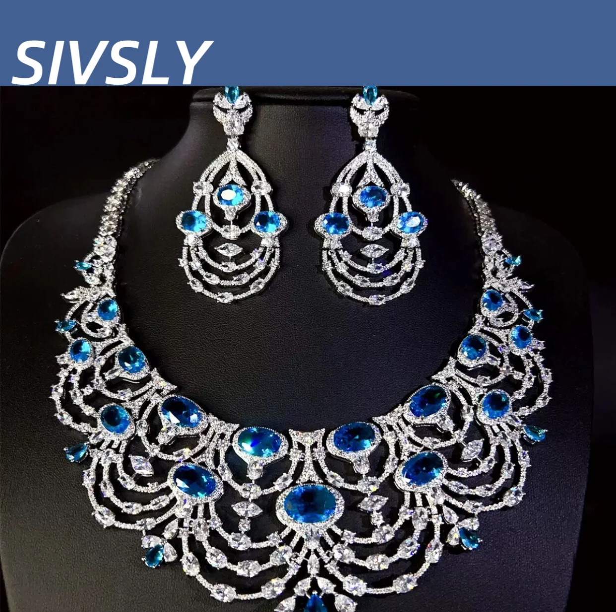 

Elegant Sea Blue Luxury Zircon Oval Drop Necklace Earrings Set Noble and Elegant Dinner High-end Jewelry Bridesmaid