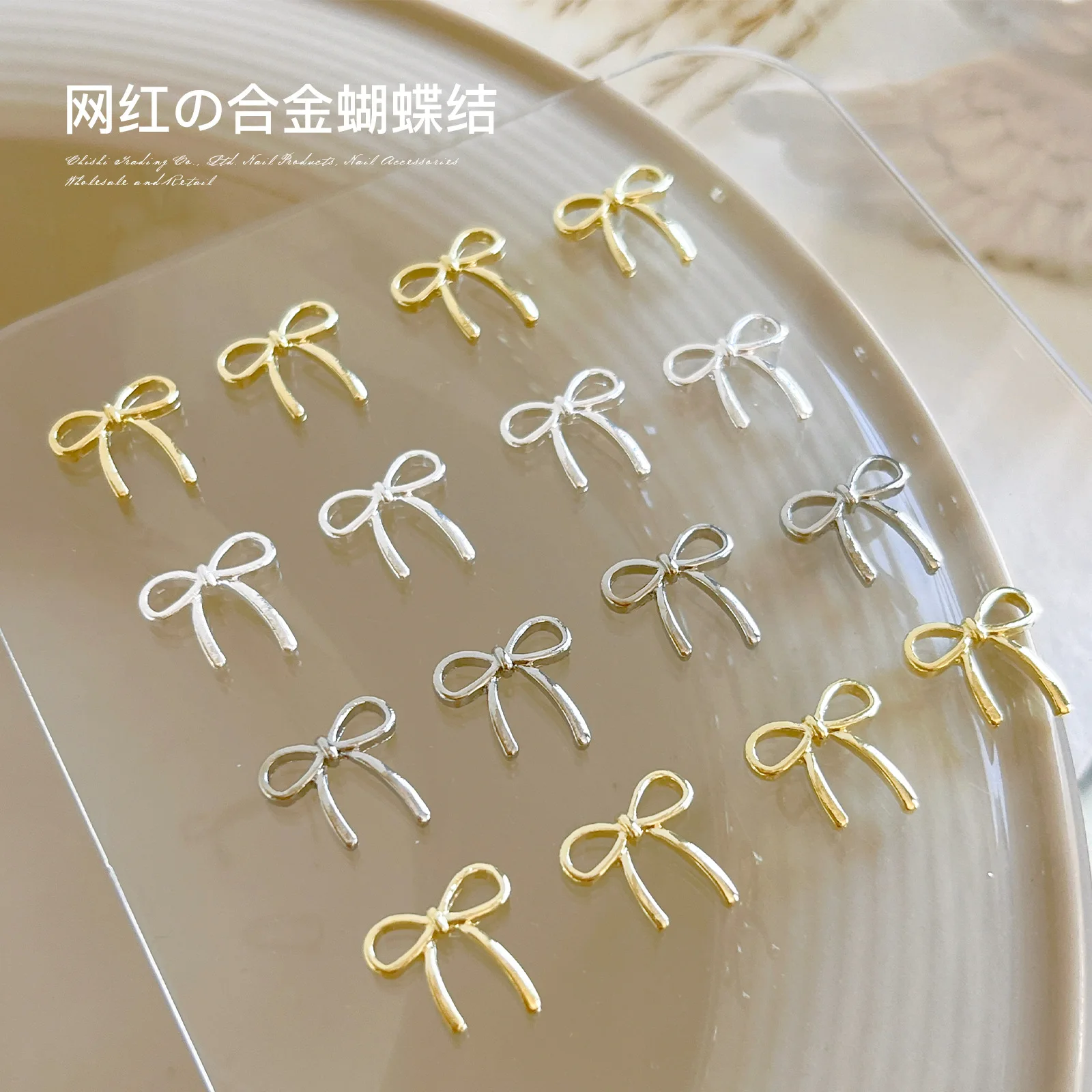 10szt Nail Charms Kawaii Luxury 3D Alloy Rhinestones Bow Japanese Nail Decoration Parts Gold Silver Ribbon Nail Art Akcesoria