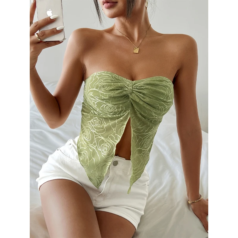 Summer Y2K Women's Sexy Twist Front Asymmetrical Hem Strapless Bandeau Crop Top Casual Tube Tops for Party Club Night Clothes image 3