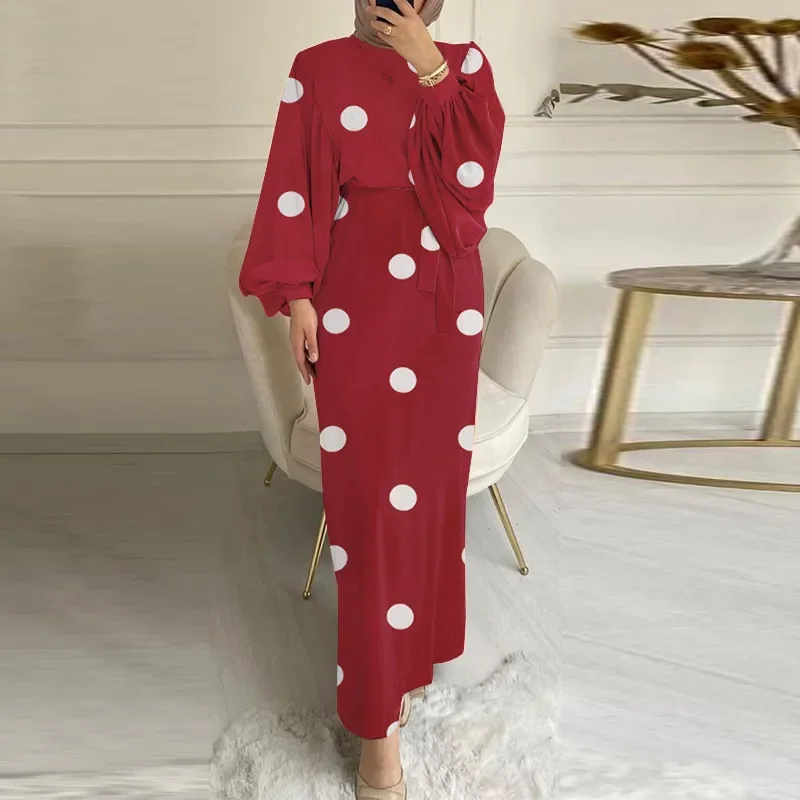 

Muslim Abaya for Women Long Dress Vintage Print Polka Dot Sundress for Women Spring Dubai Turkish Islamic Kaftan Muslim Dress