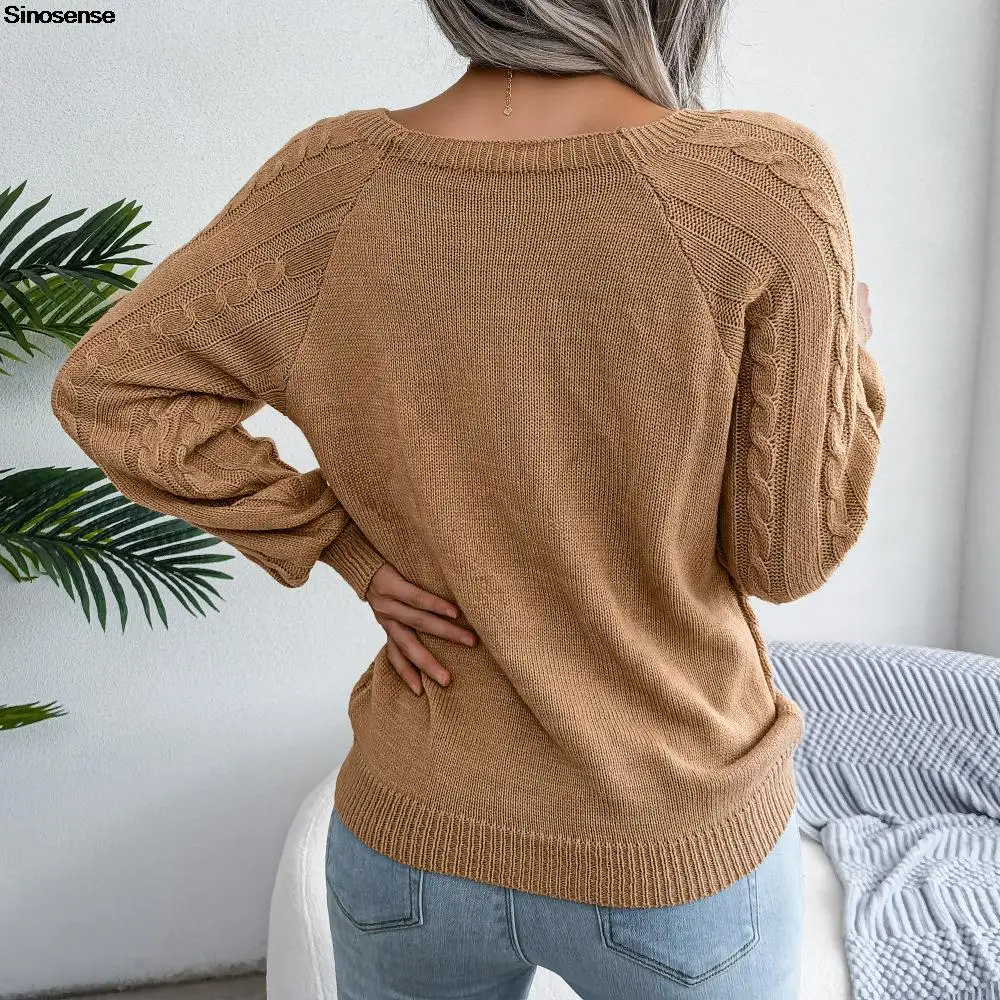 Womens Autumn Winter Cable Knit Sweater Solid Color Square Neck Buttons Long Sleeve Ribbed Knitted Pullover Loose Jumpers Tops