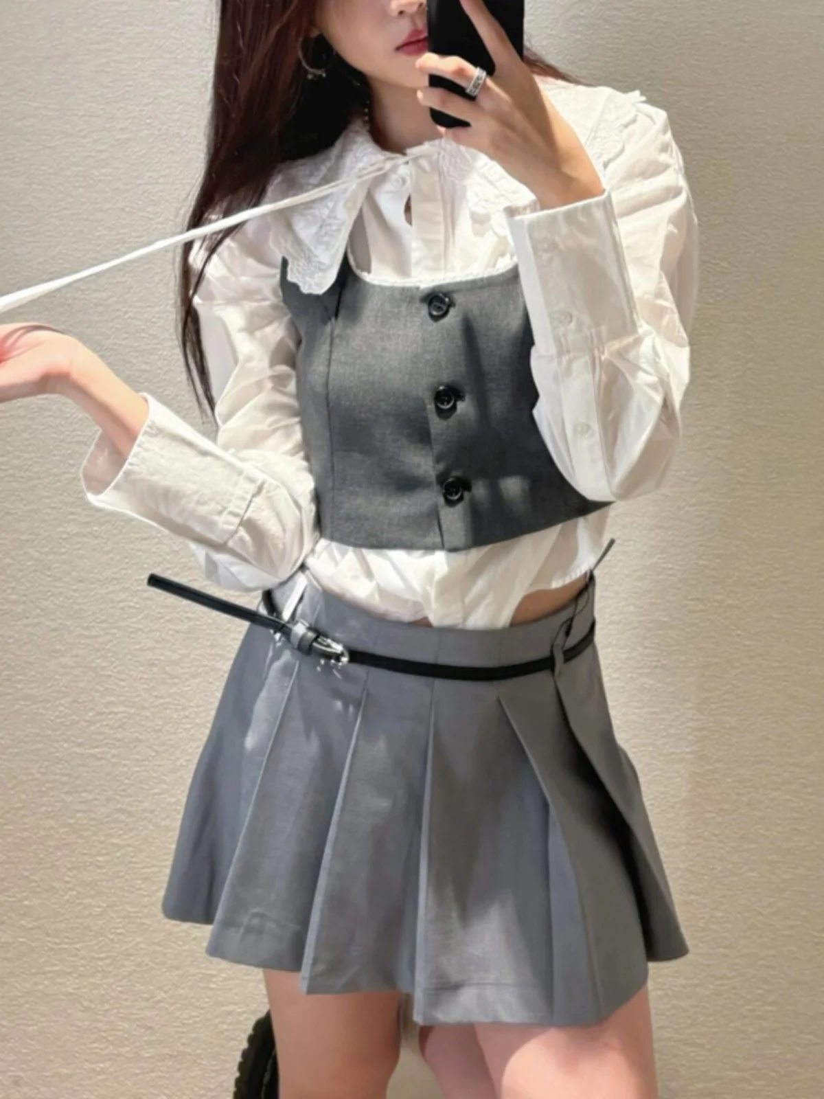 Début de l'automne coréen Sle couches ey dentelle garniture Svel ort costume gilet femmes haut de gamme sensation 30399 bouton Faionable...